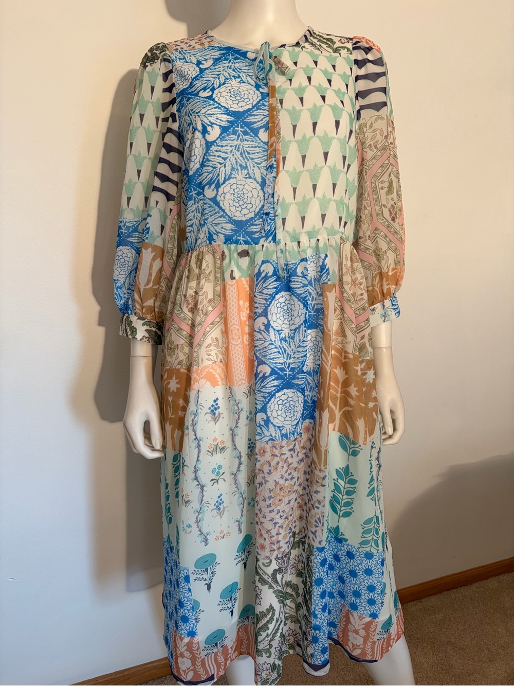 #962 Chartou Patchwork Boho Floral Midi Dress in Blue and Cream. NWT.